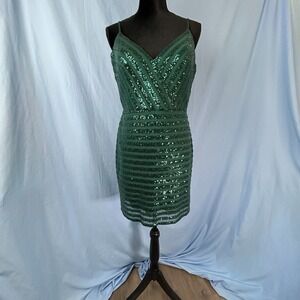 Nox Anabel Mini Dress Womens 12 Green Sequin Spaghetti Straps Sweetheart Neck